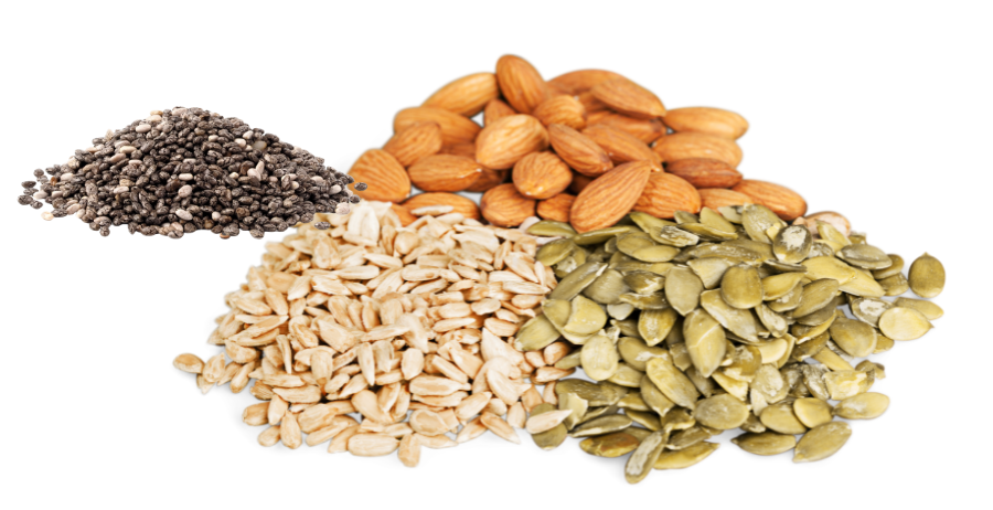 almonds, flaxseeds and chia seeds